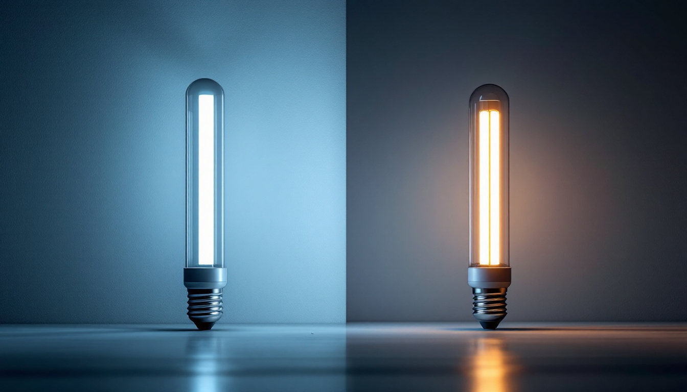 A photograph of a comparison scene featuring a traditional fluorescent tube and a modern led replacement tube illuminated in a well-lit environment