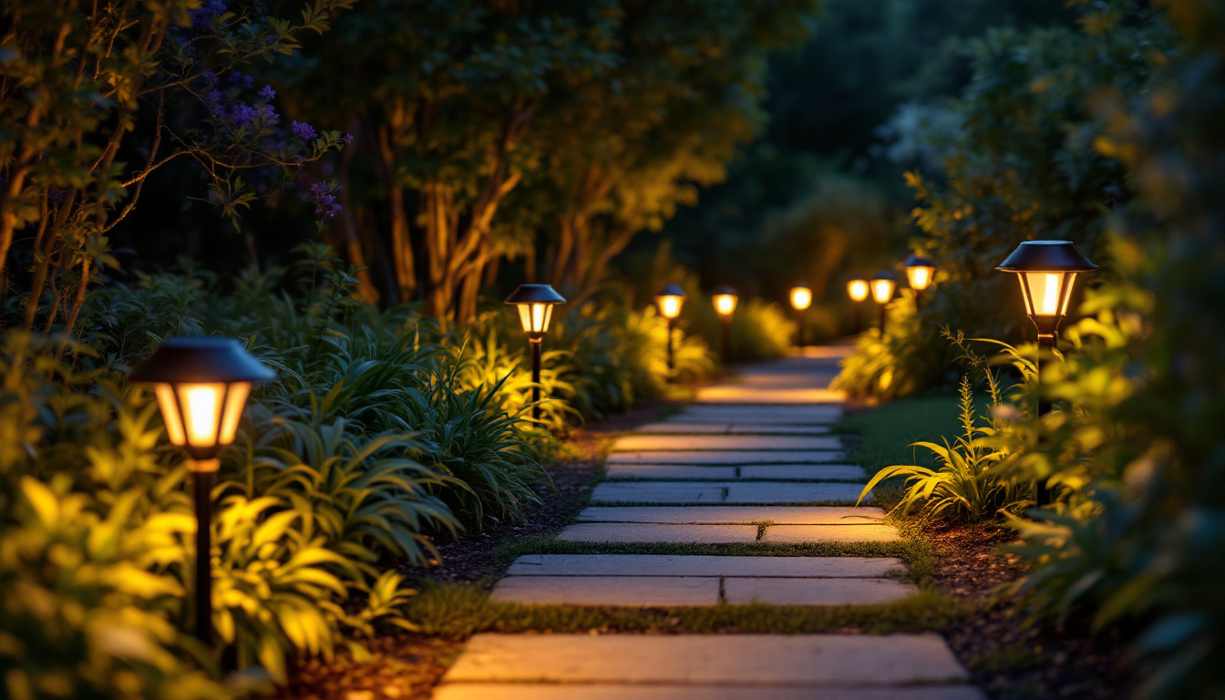 A photograph of a beautifully illuminated garden path at dusk