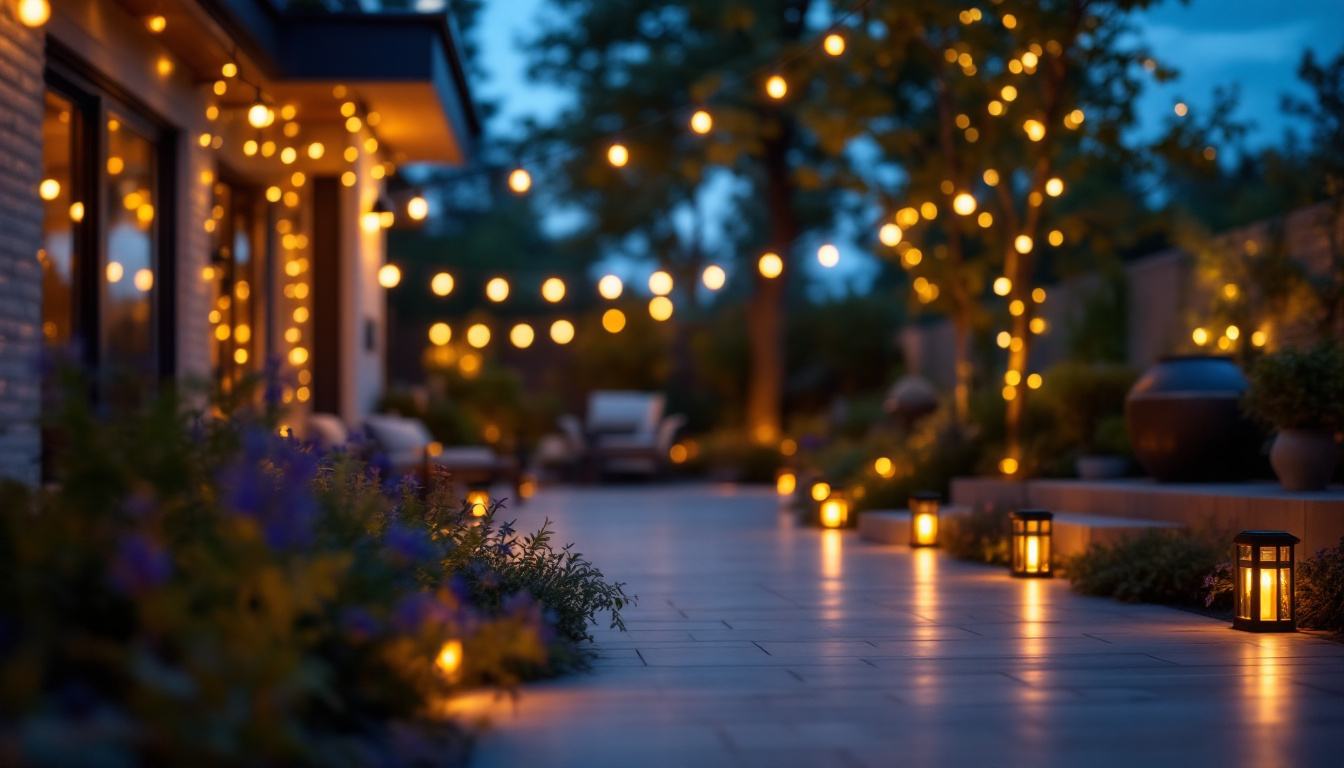 A photograph of a beautifully illuminated outdoor space featuring solar-powered lights