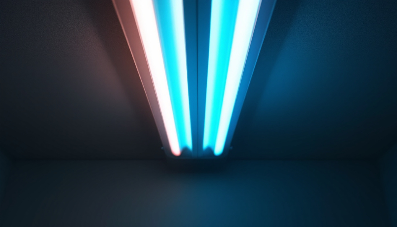 A photograph of a side-by-side comparison of a fluorescent light fixture and an led conversion kit installed in the same space