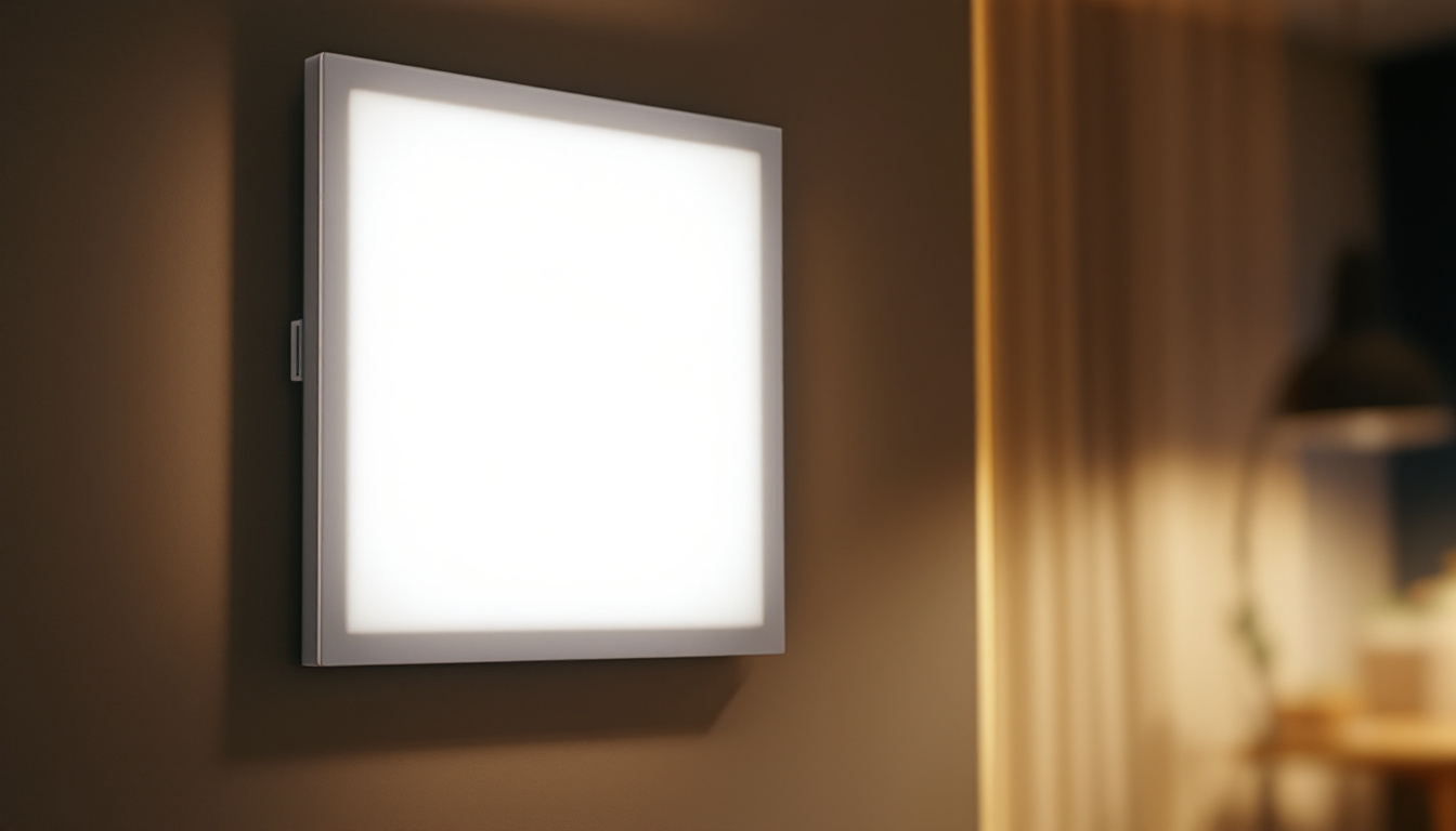 A photograph of a sleek and modern 2x2 led panel light installed in a contemporary setting