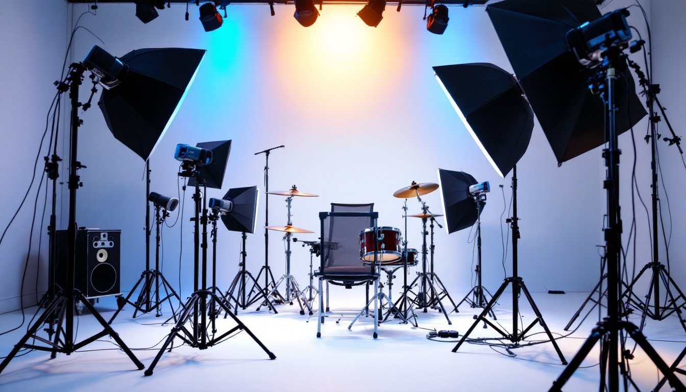 A photograph of a well-lit hi-hat setup in a studio