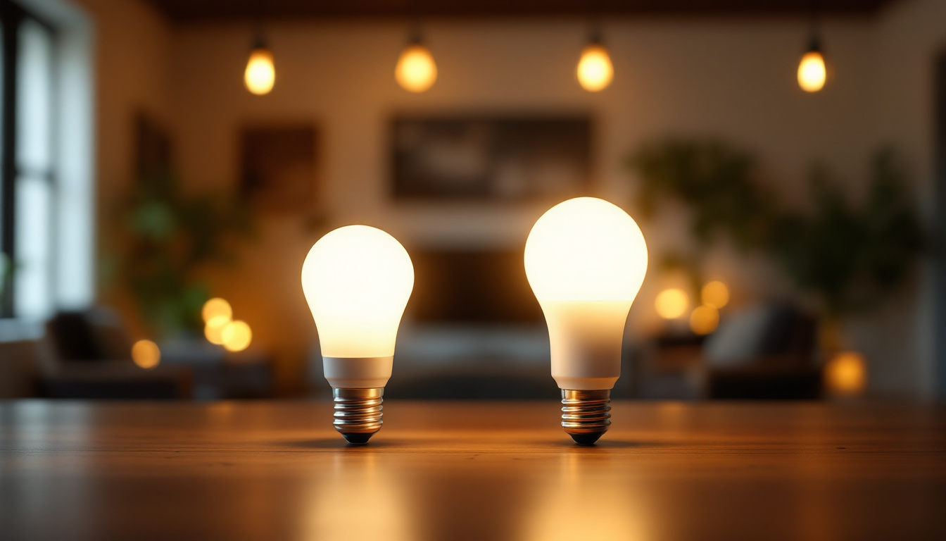 A photograph of a side-by-side comparison of a traditional fluorescent light bulb and an led bulb