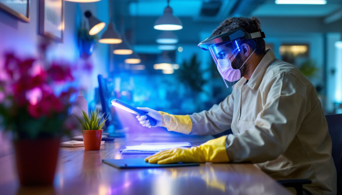 A photograph of a commercial cleaning professional using uv light technology to disinfect a workspace