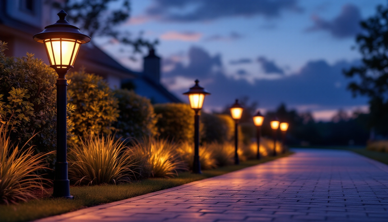 A photograph of a beautifully illuminated driveway lined with stylish solar post lamps at dusk