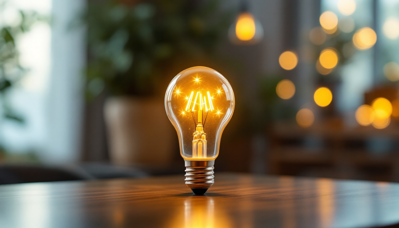 A photograph of a 4.5-w-60 bulb illuminated in a cozy indoor setting