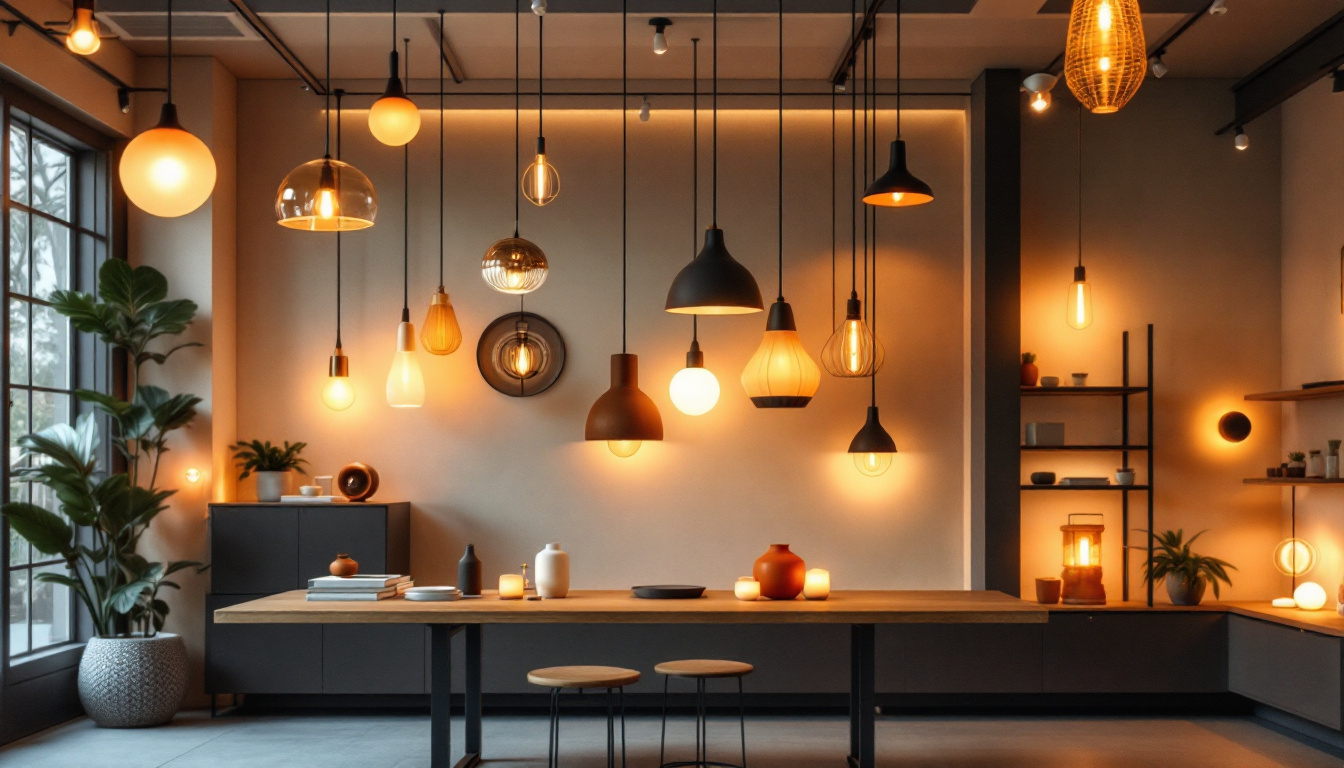 A photograph of a well-lit showroom featuring a variety of stylish lighting fixtures