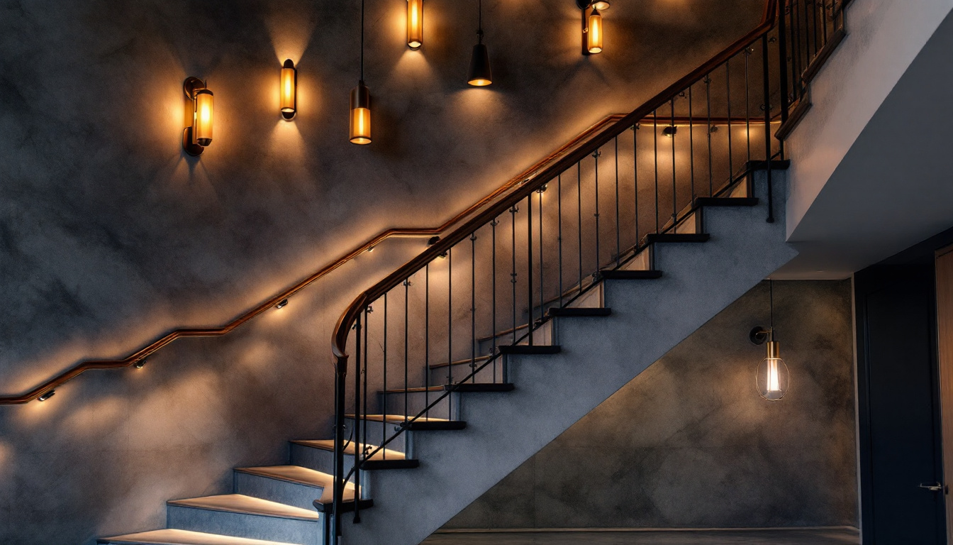 A photograph of a beautifully illuminated staircase featuring a variety of stylish light fixtures