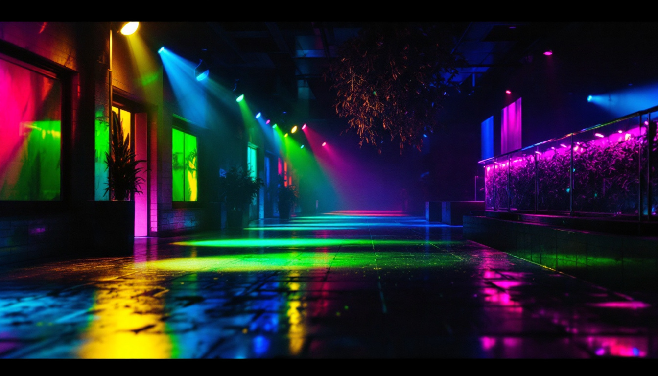 A photograph of a vibrant scene illuminated by colored flood lights