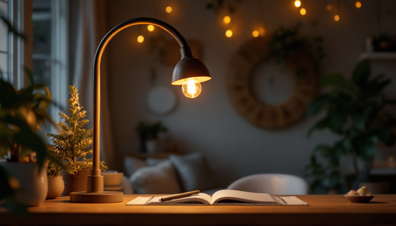 A photograph of a stylish gooseneck light fixture elegantly illuminating a cozy