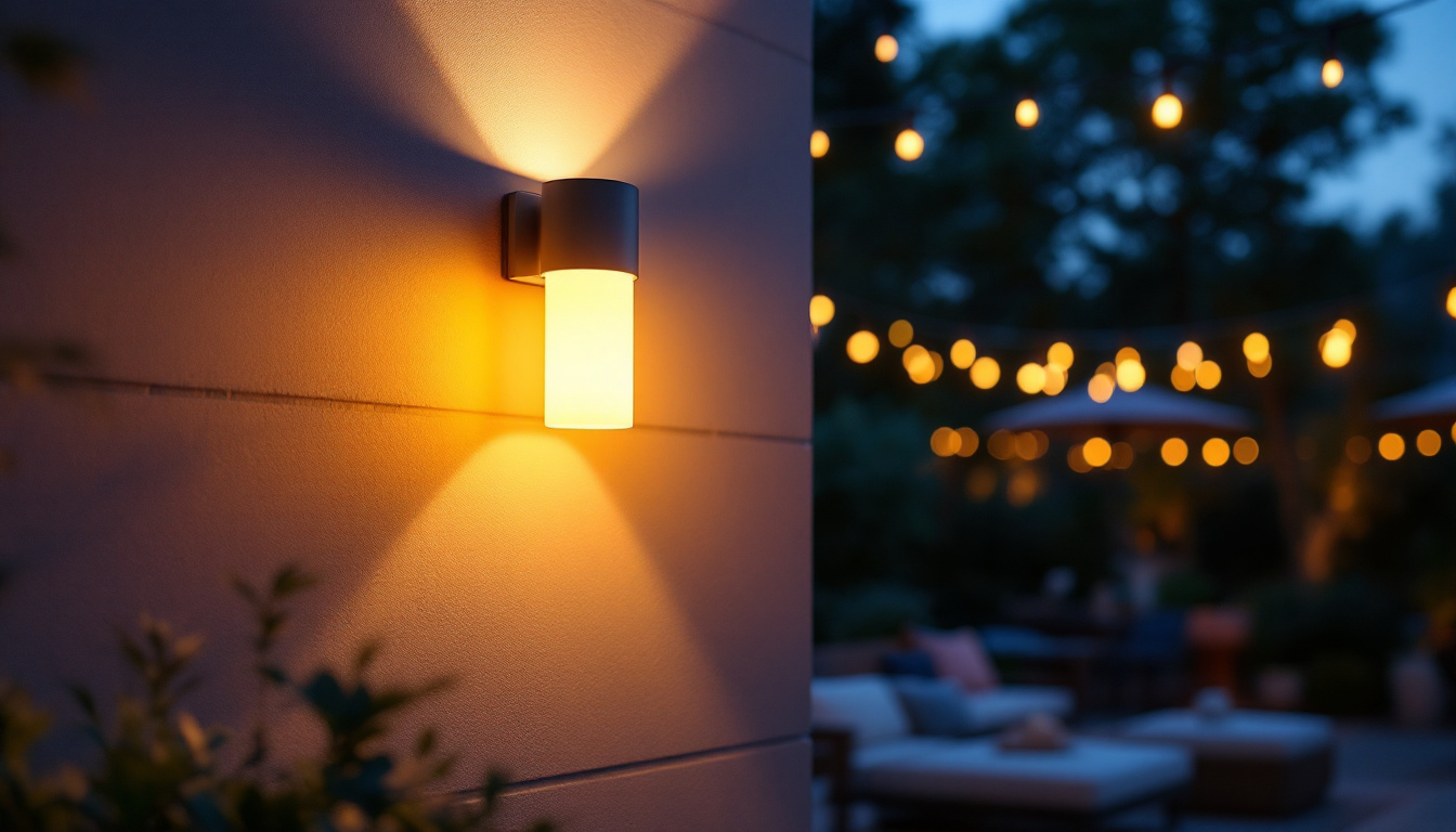 A photograph of a beautifully designed outdoor led wall light illuminating a cozy outdoor space at dusk