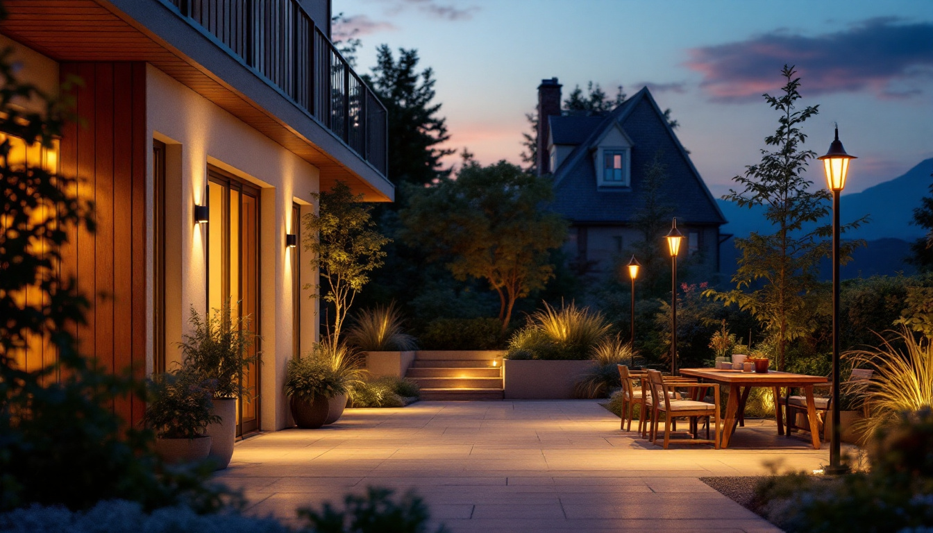 A photograph of a beautifully illuminated outdoor space featuring stylish gooseneck lighting fixtures