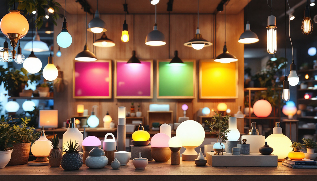 A photograph of a beautifully arranged display of various led light fixtures in a shop setting