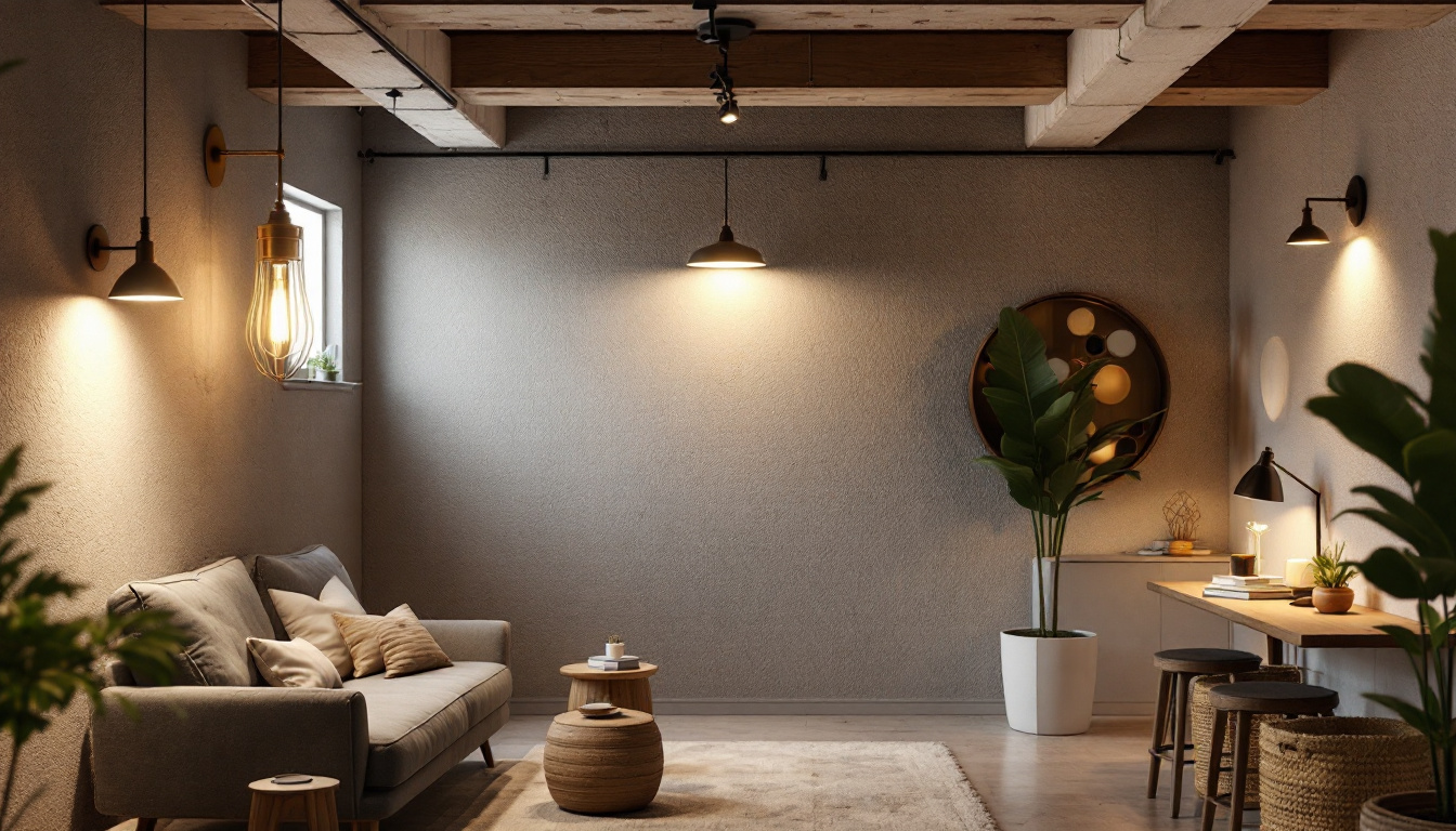 A photograph of a well-lit basement showcasing various stylish light fixtures