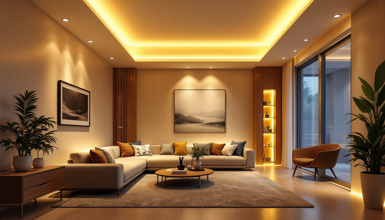A photograph of capture a photograph of a well-designed room showcasing various recessed lighting installations