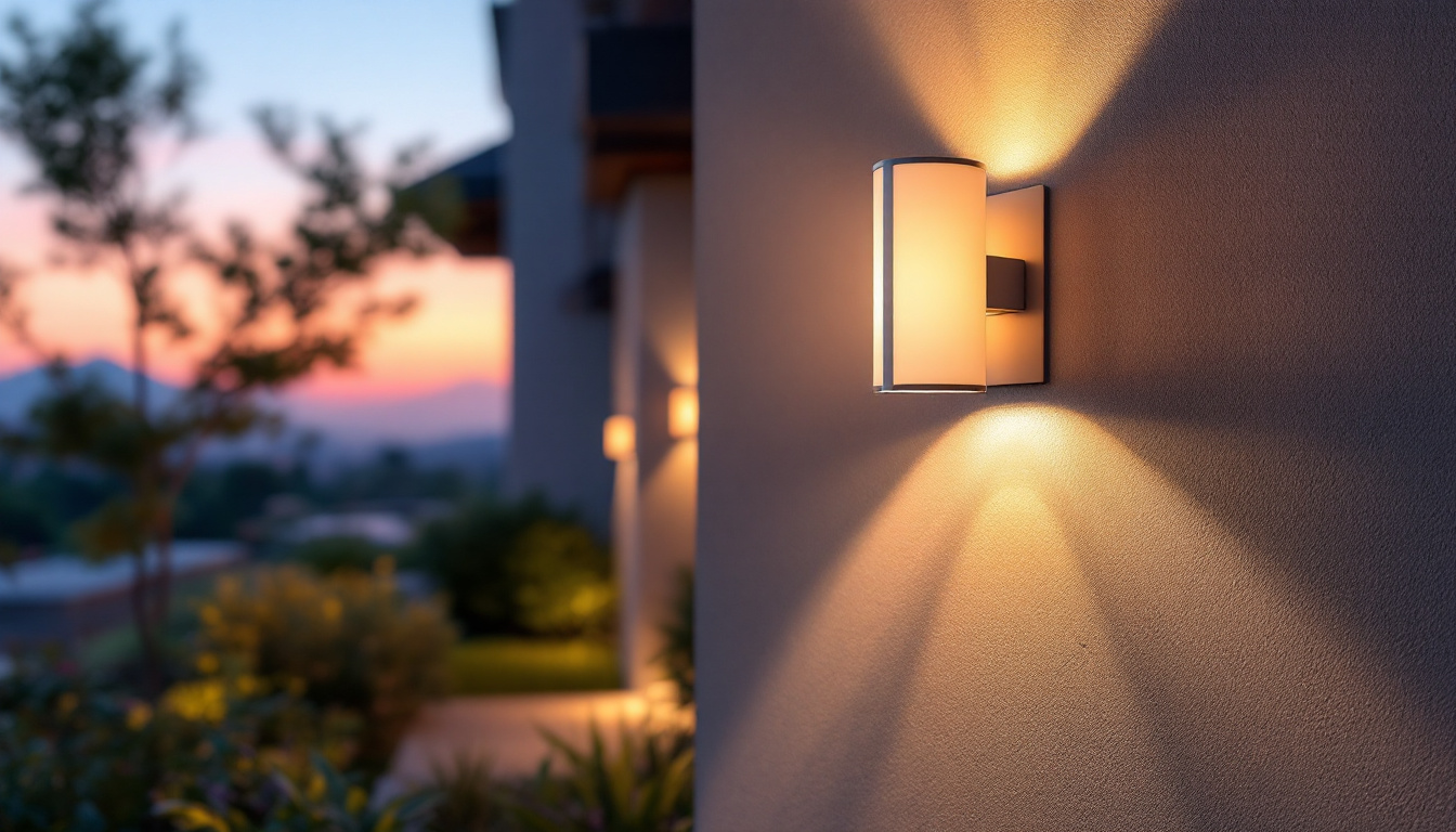 A photograph of a beautifully designed wall-mounted exterior light fixture illuminating an inviting outdoor space