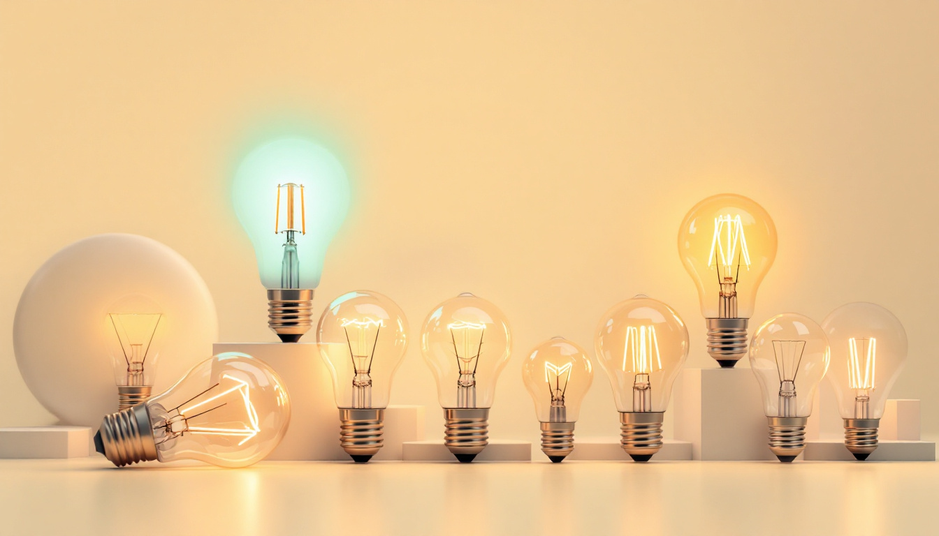 A photograph of a variety of inexpensive light bulbs arranged aesthetically on a clean