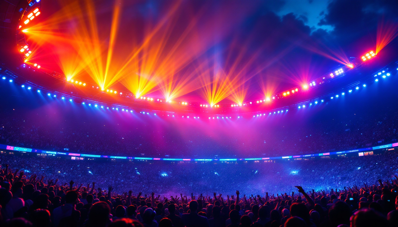 A photograph of a vibrant stadium illuminated by powerful led lights during an evening event