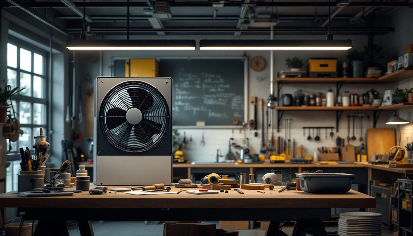 A photograph of a well-lit workshop featuring an exhaust fan in action