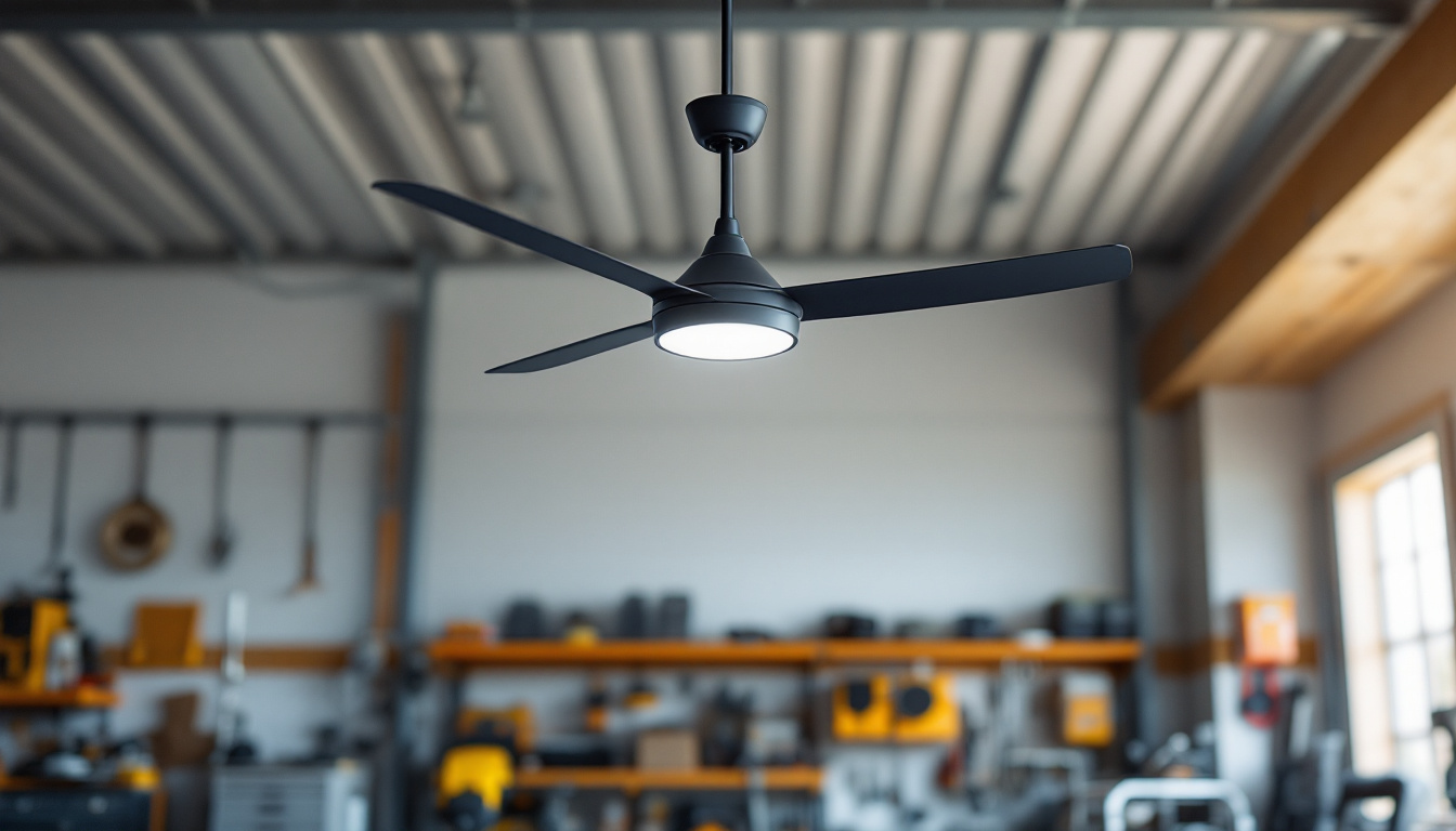 A photograph of a stylish metal garage interior featuring a sleek ceiling fan with integrated lighting