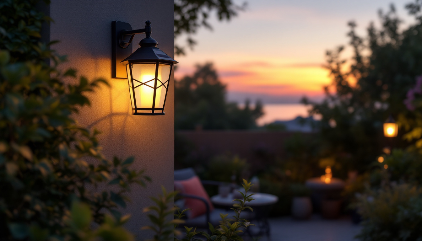A photograph of a beautifully designed solar outdoor wall lantern illuminating a cozy outdoor space at dusk
