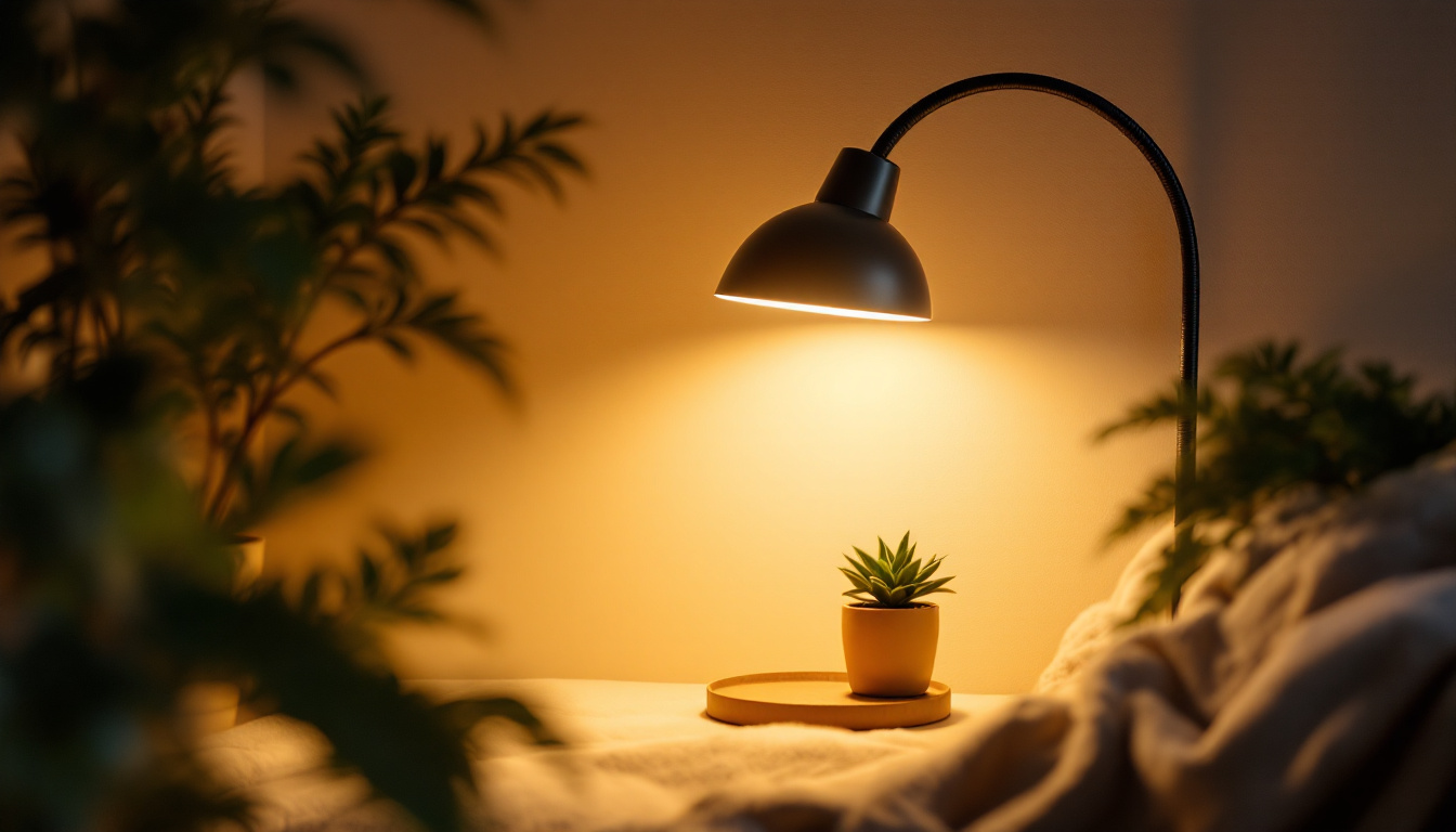 A photograph of a stylish light gooseneck lamp in a cozy