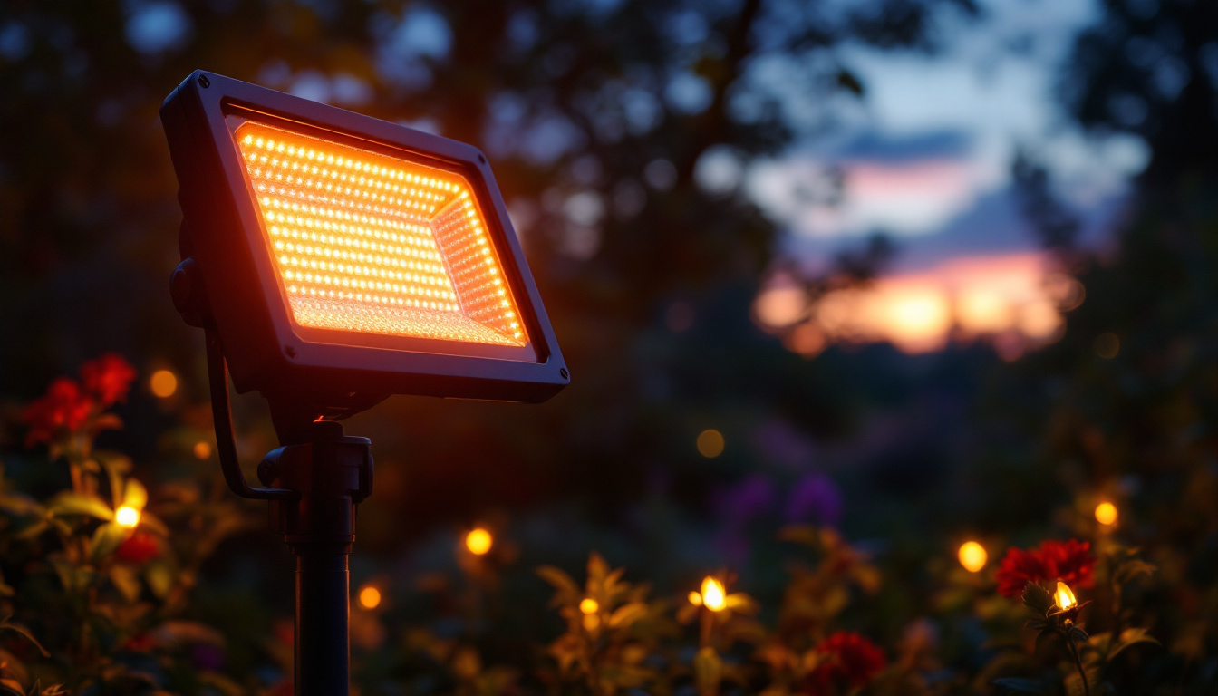 A photograph of a vibrant solar floodlight illuminating a garden or outdoor space at dusk
