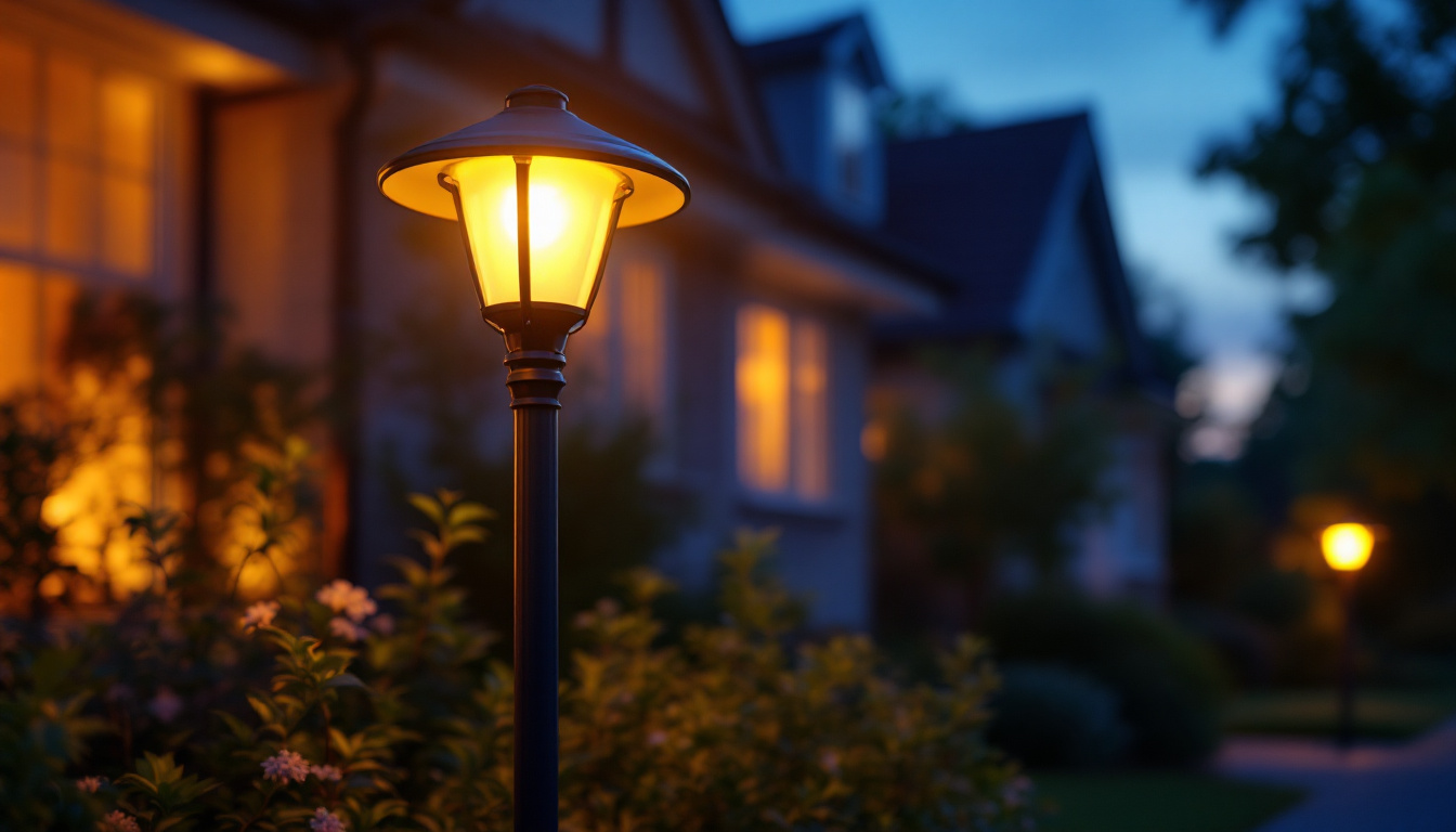 A photograph of capture a photograph of a residential light pole illuminated at dusk