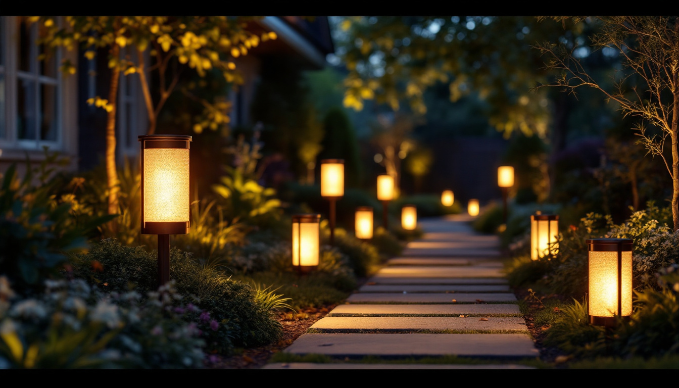 A photograph of a beautifully lit outdoor space featuring a variety of stylish cylinder lights illuminating pathways