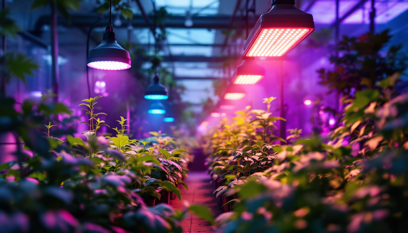 A photograph of a vibrant indoor greenhouse scene showcasing various types of grow lamps illuminating healthy plants