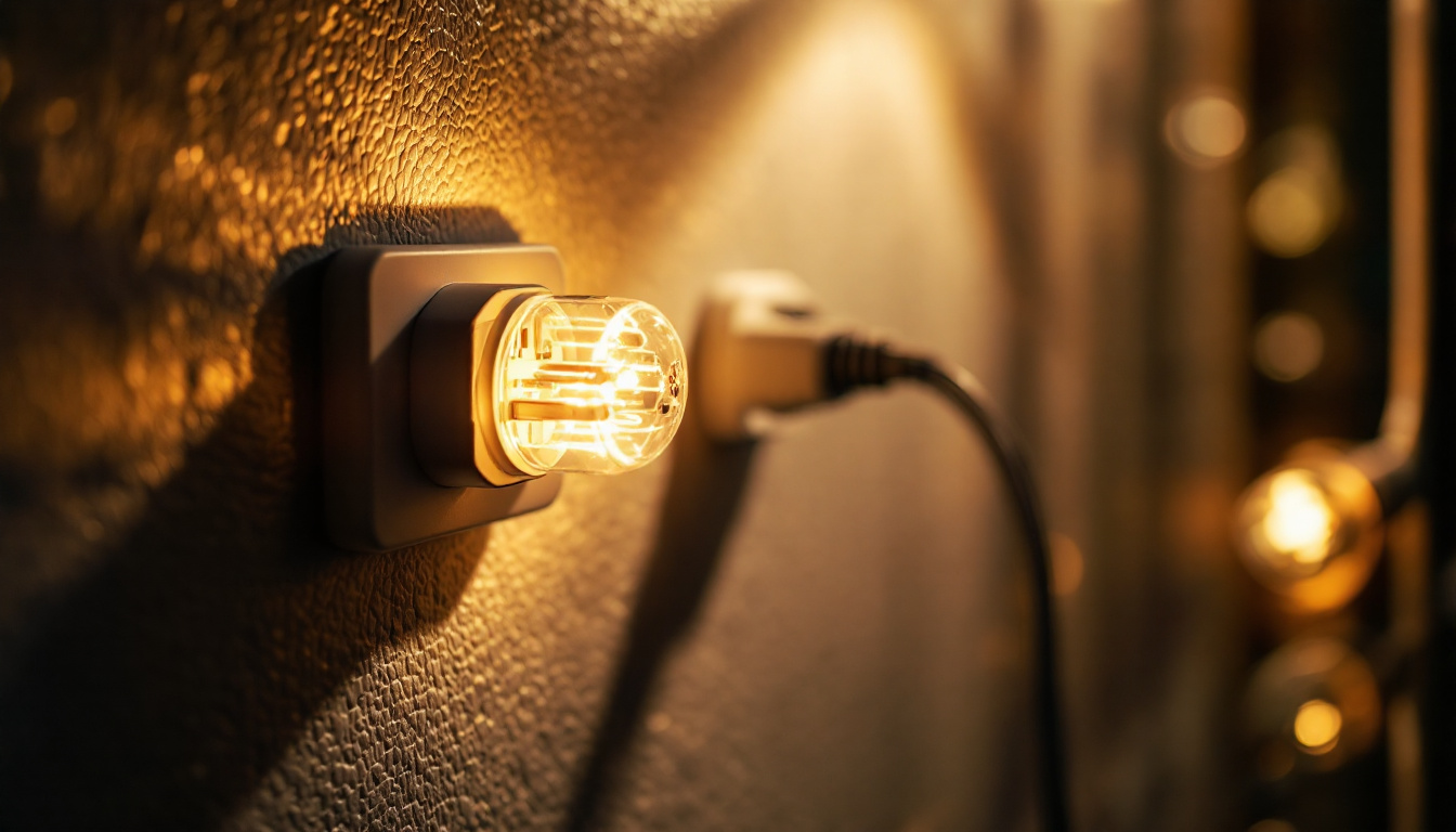 A photograph of a stylishly arranged plug cord connected to an illuminated lamp