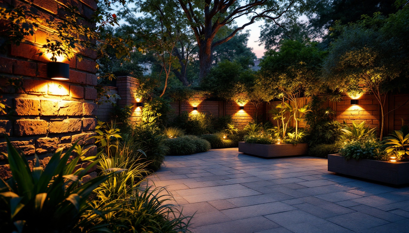 A photograph of a beautifully lit outdoor space featuring solar wall lights illuminating a garden or patio area at dusk