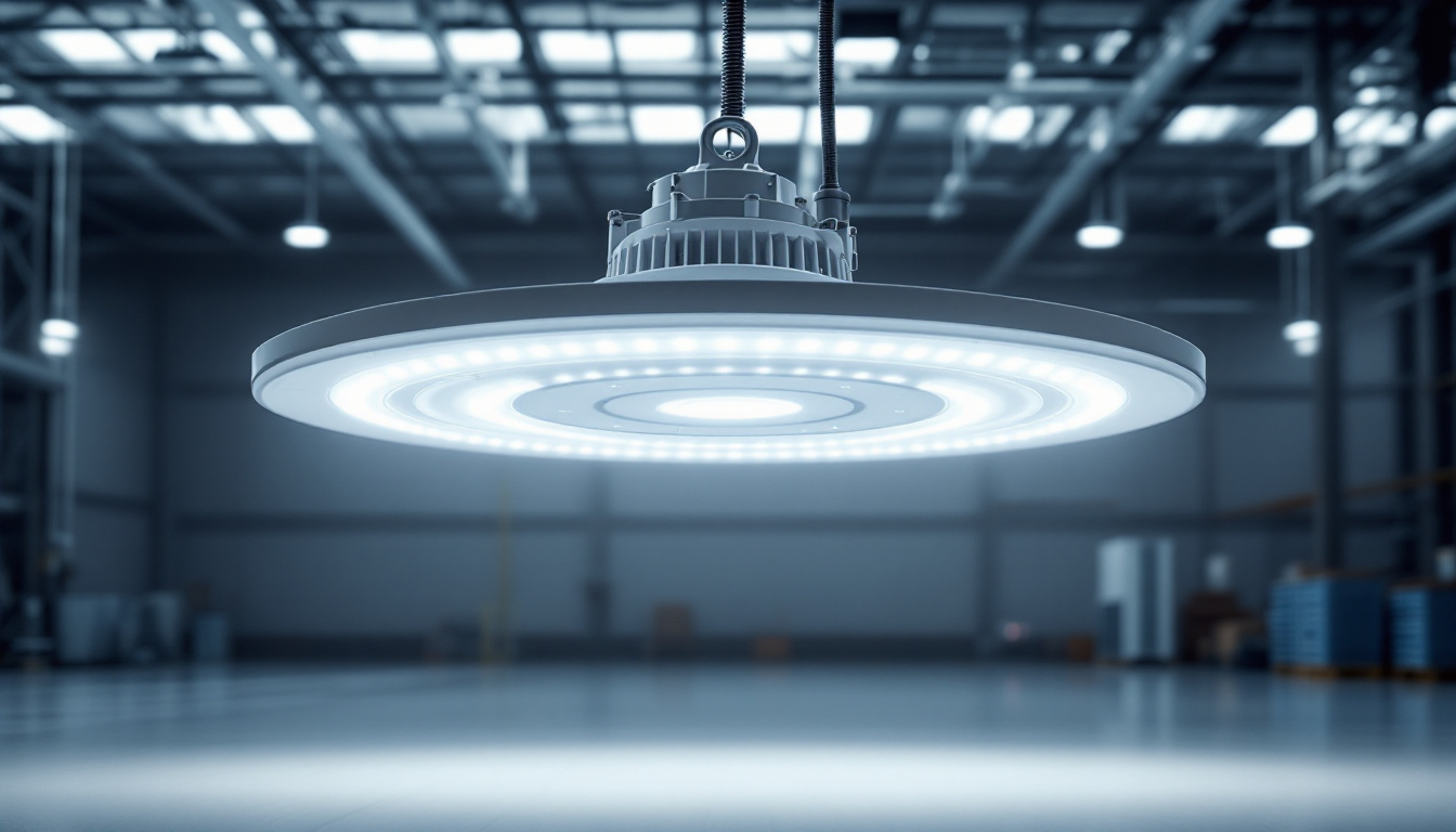 A photograph of a sleek ufo led high bay light installed in a spacious industrial setting
