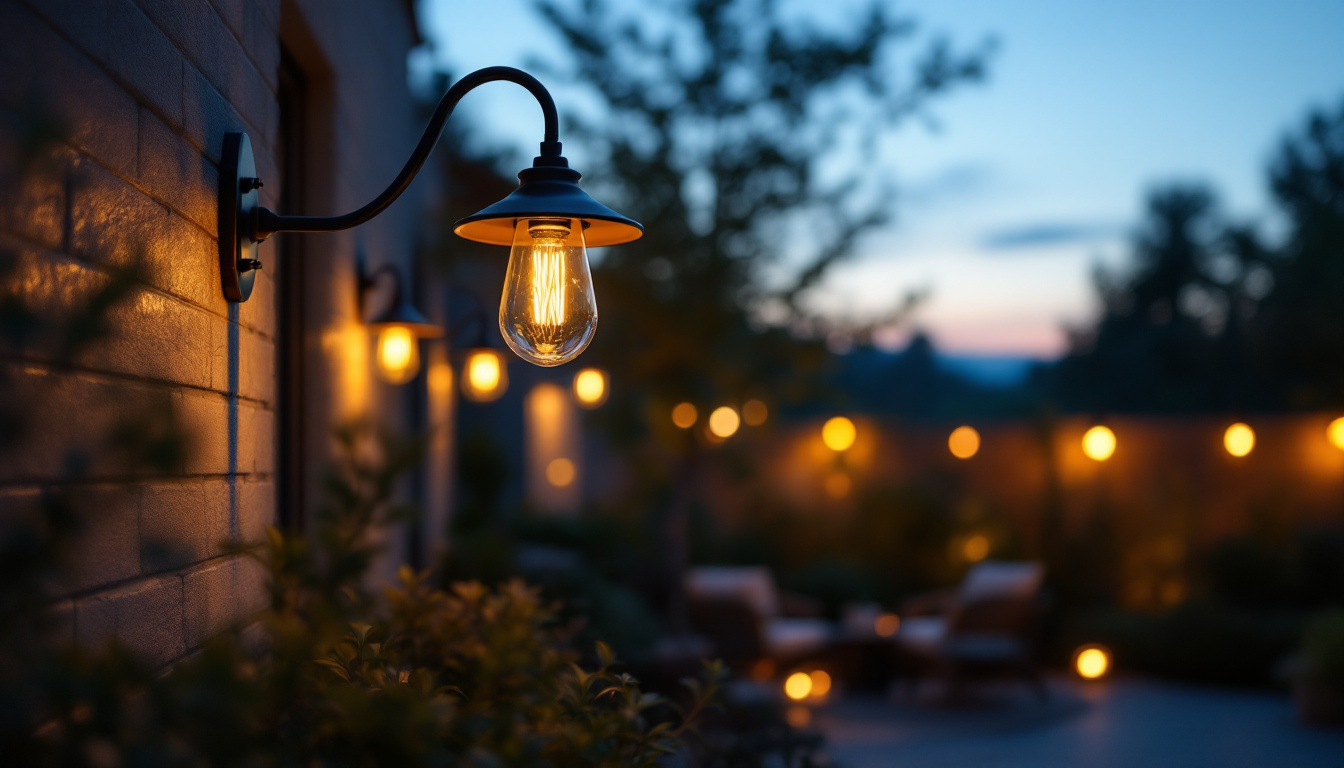 A photograph of capture a photograph of an elegantly designed exterior patio light fixture illuminating a cozy outdoor seating area