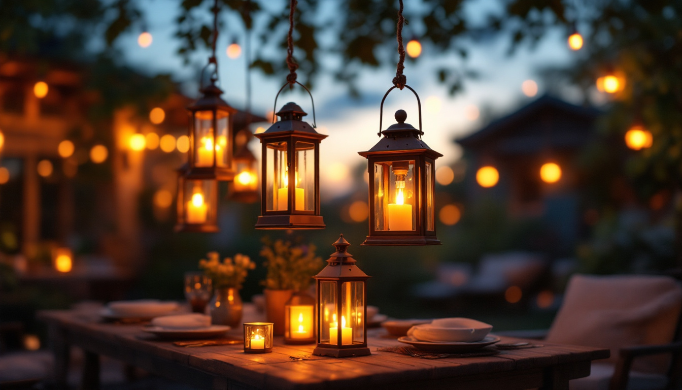A photograph of a beautifully arranged outdoor setting featuring various hanging lanterns illuminated at dusk