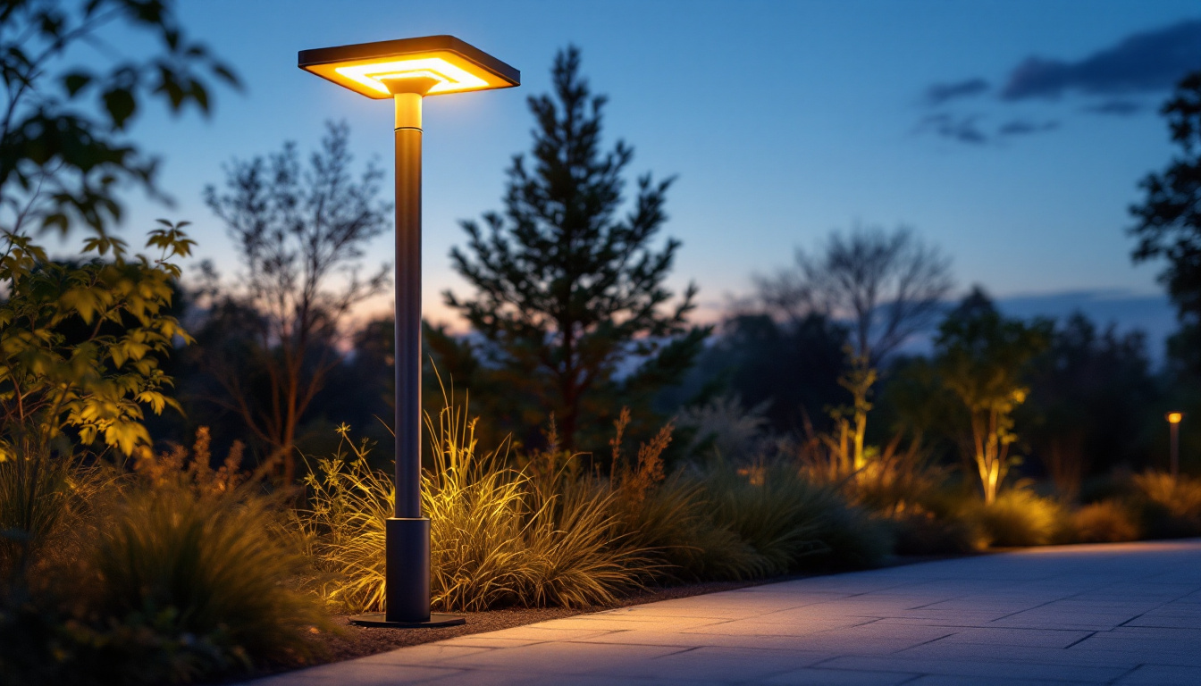 A photograph of a beautifully illuminated outdoor space featuring a stylish solar-powered light post at dusk