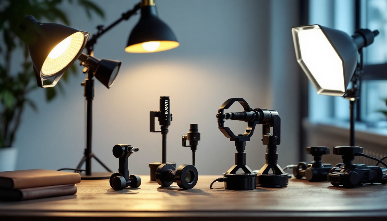 A photograph of a stylishly arranged setup featuring various types of cable grippers in use with different lighting fixtures