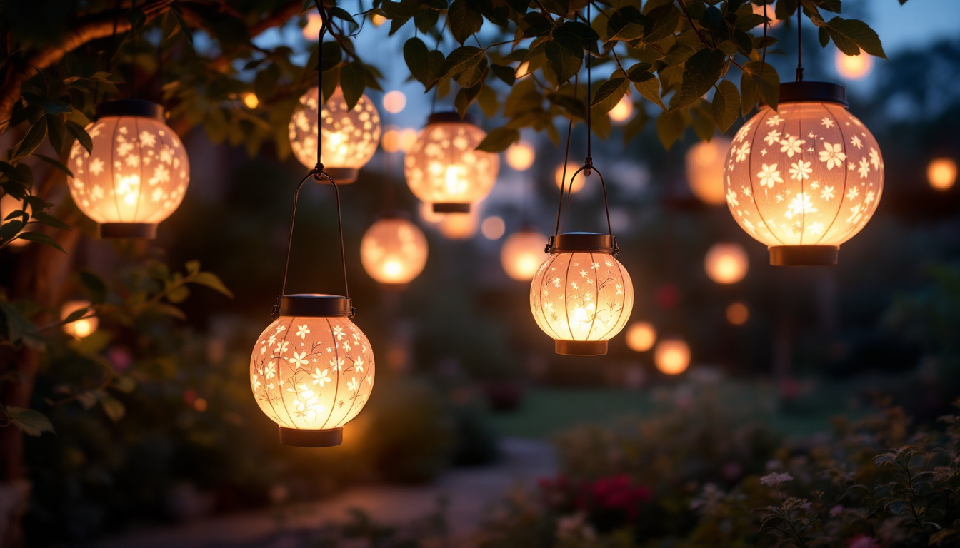 A photograph of a beautifully arranged scene featuring various solar lanterns hanging in an outdoor setting