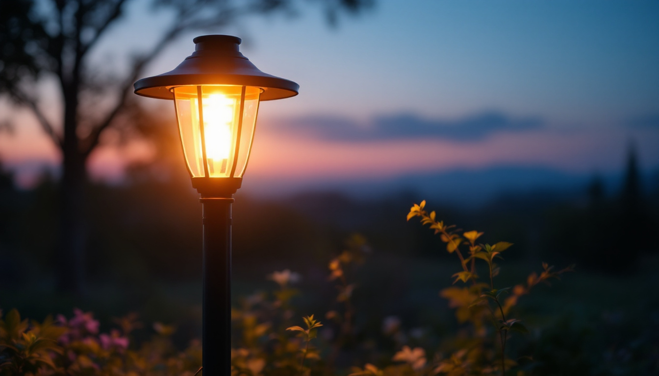 A photograph of a beautifully illuminated solar post lamp in a serene outdoor setting during twilight