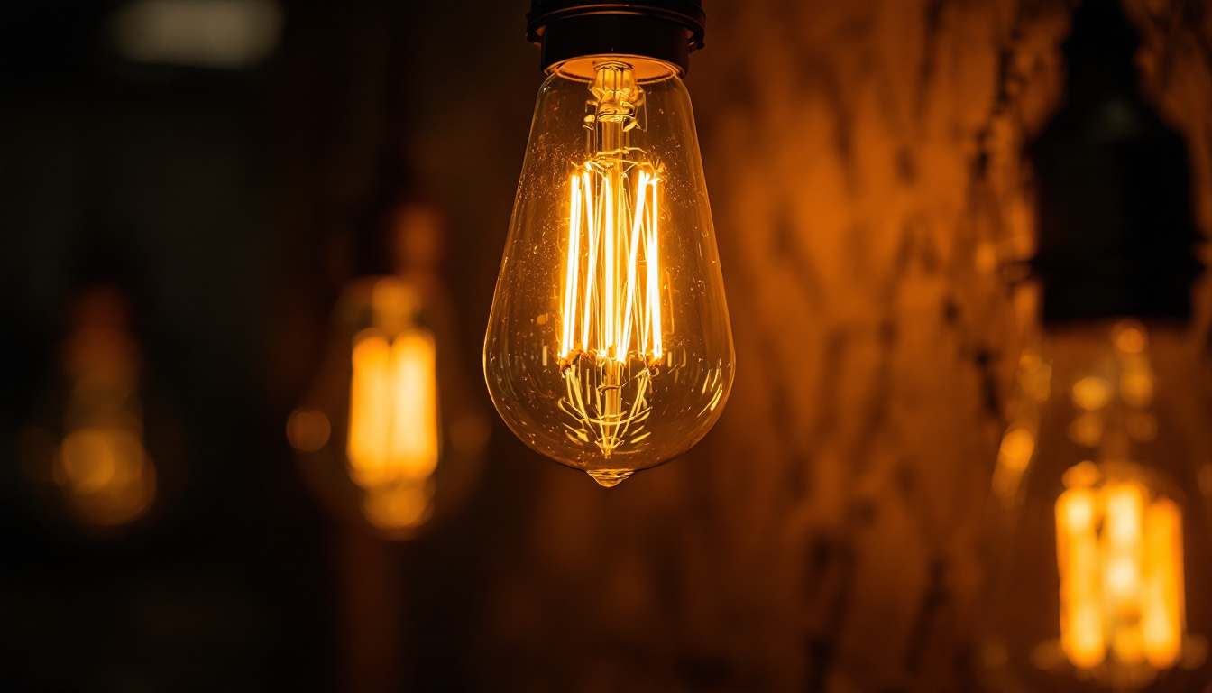 A photograph of a type t light bulb illuminated in a dimly lit setting