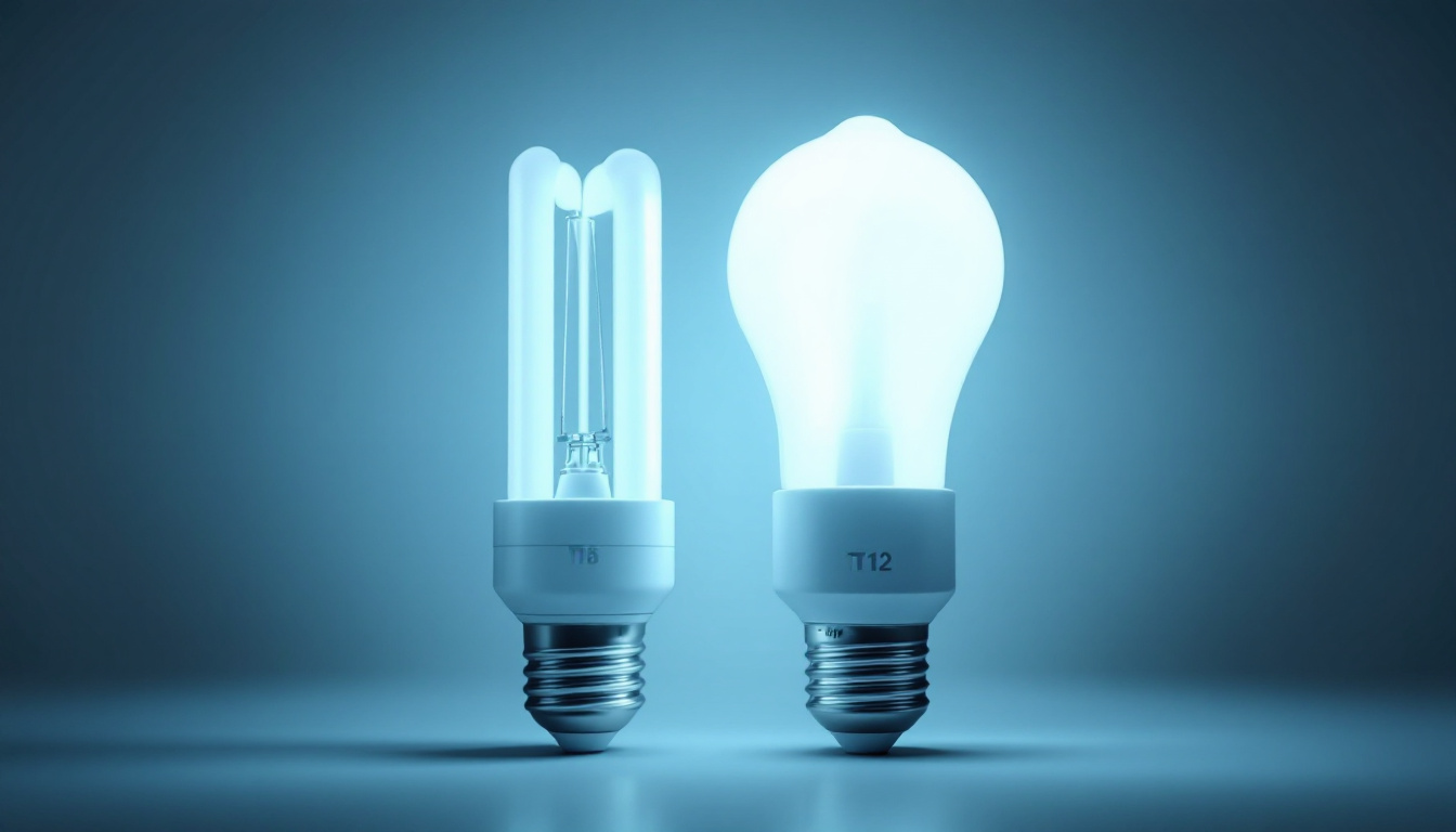 A photograph of a side-by-side comparison of t8 and t12 fluorescent bulbs