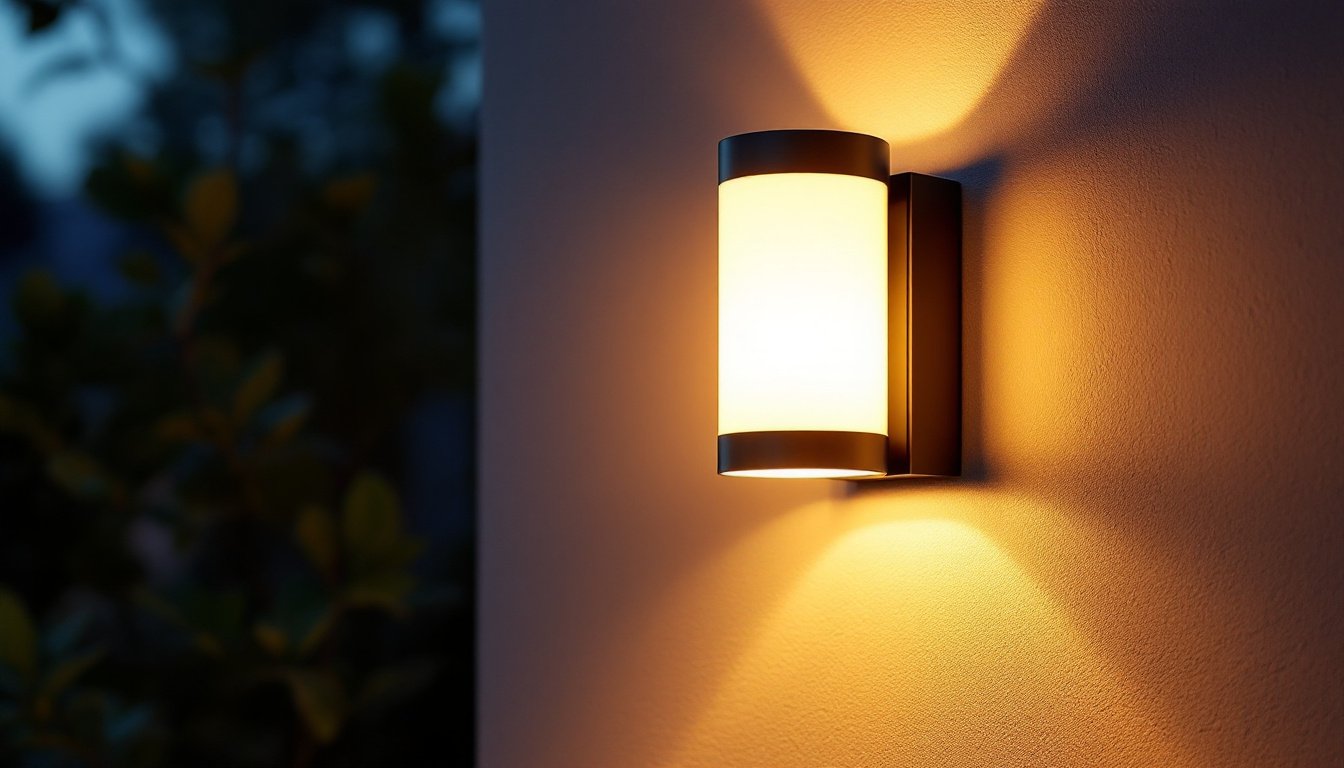 A photograph of a beautifully designed exterior cylinder light fixture illuminated at dusk