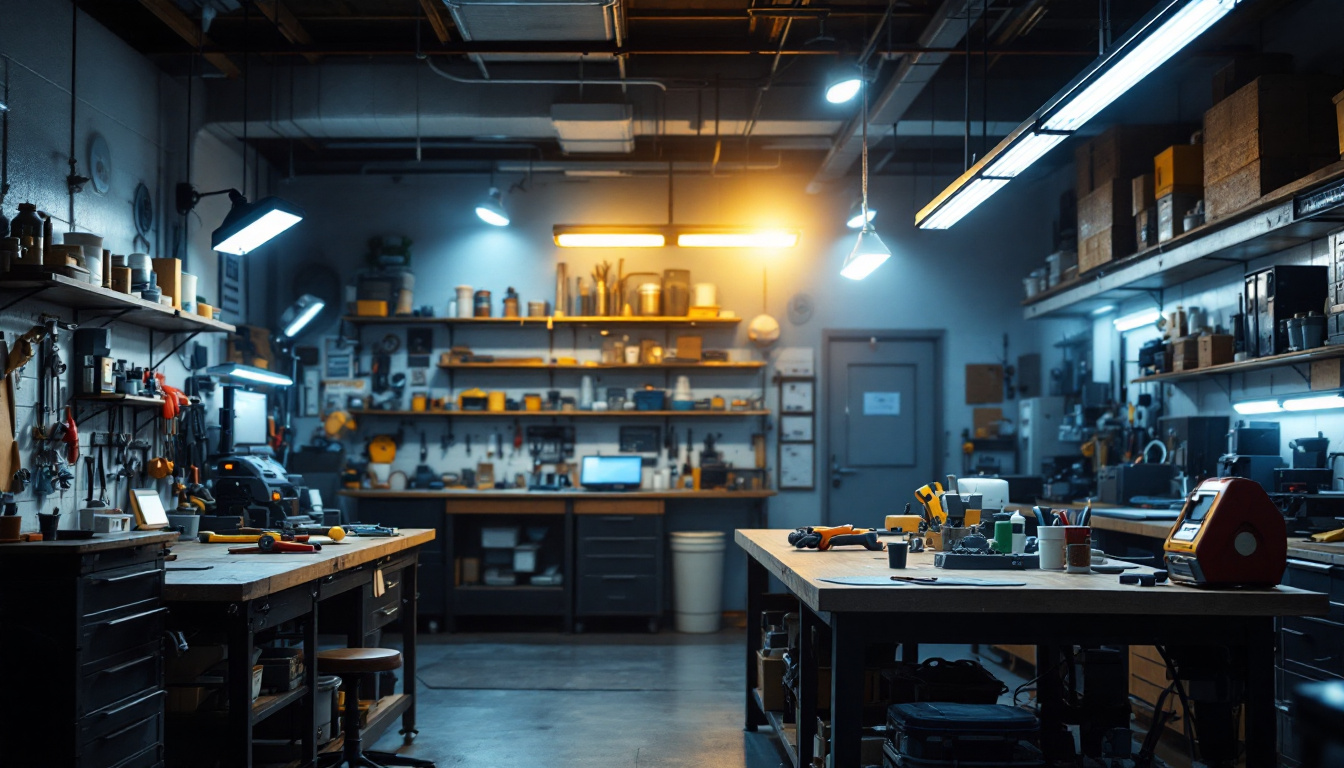 A photograph of a well-lit workshop or garage space featuring both 4ft and 8ft shop lights in use