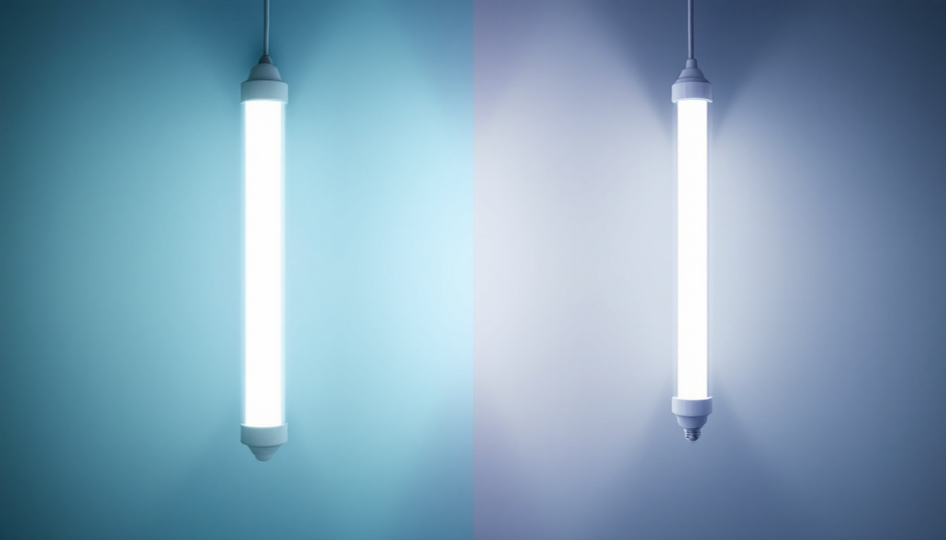 A photograph of a side-by-side comparison of a fluorescent tube and an led tube in a well-lit environment