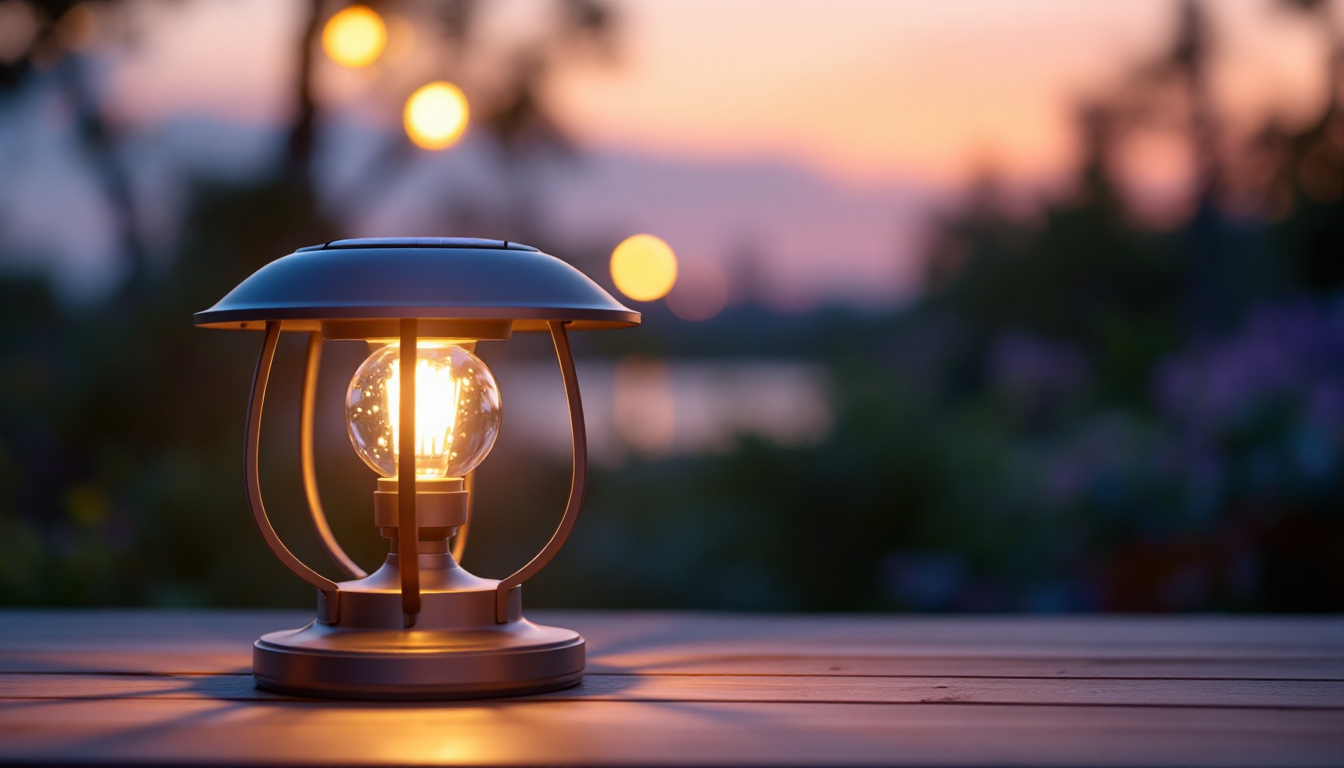 A photograph of a beautifully designed solar lamp illuminated at dusk