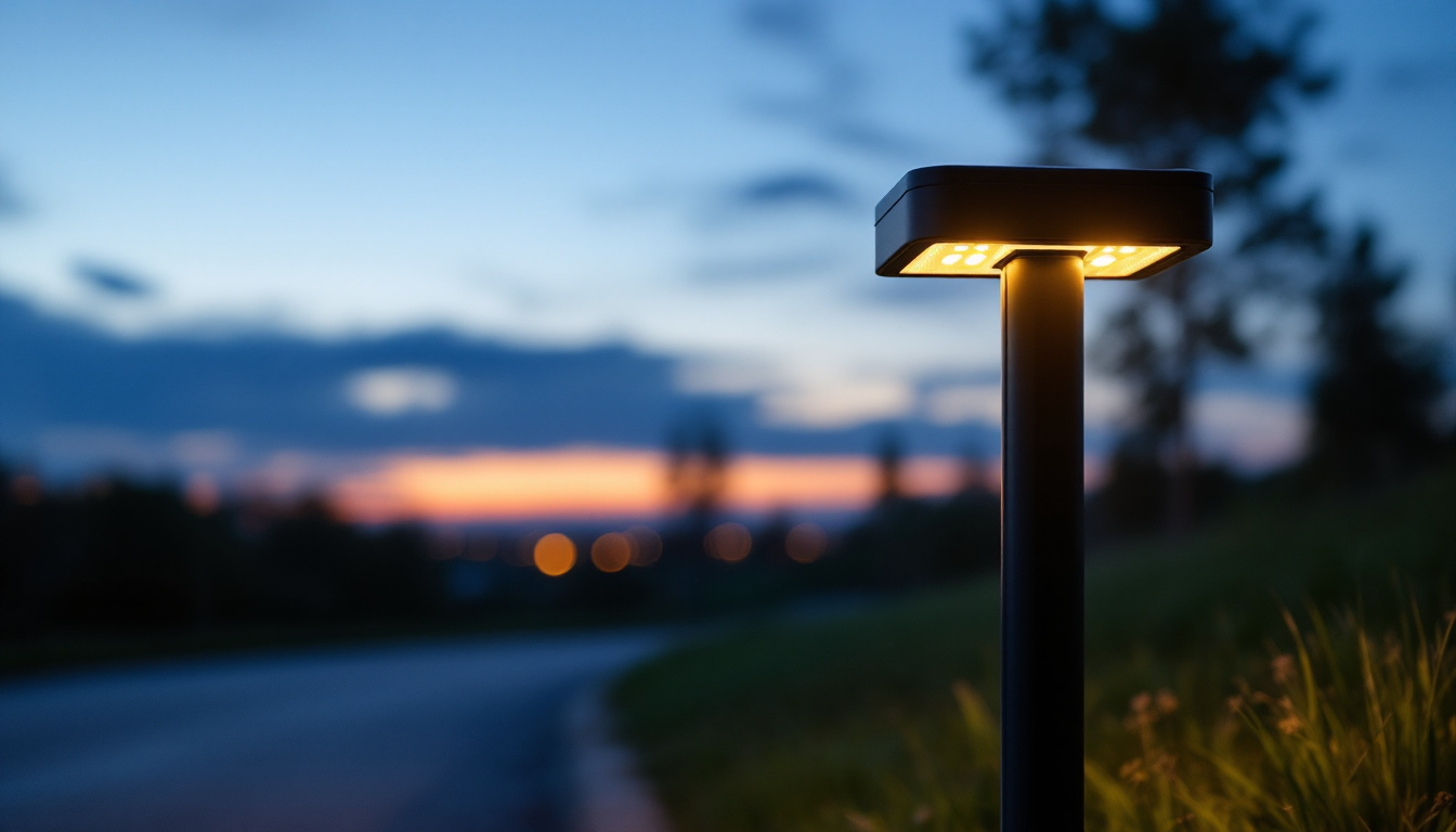 A photograph of a well-lit solar-powered driveway marker at dusk