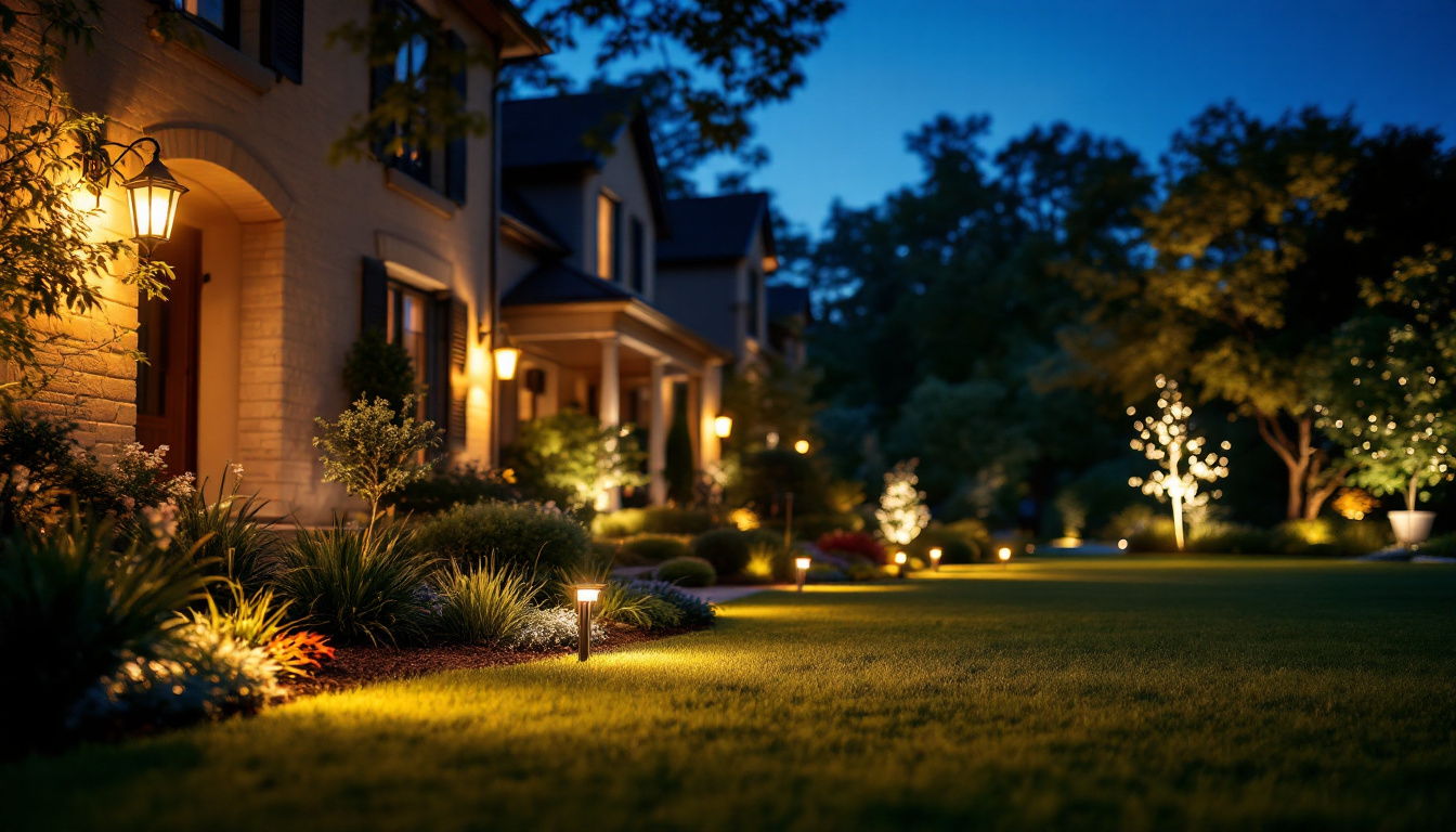 A photograph of a beautifully illuminated lawn at dusk
