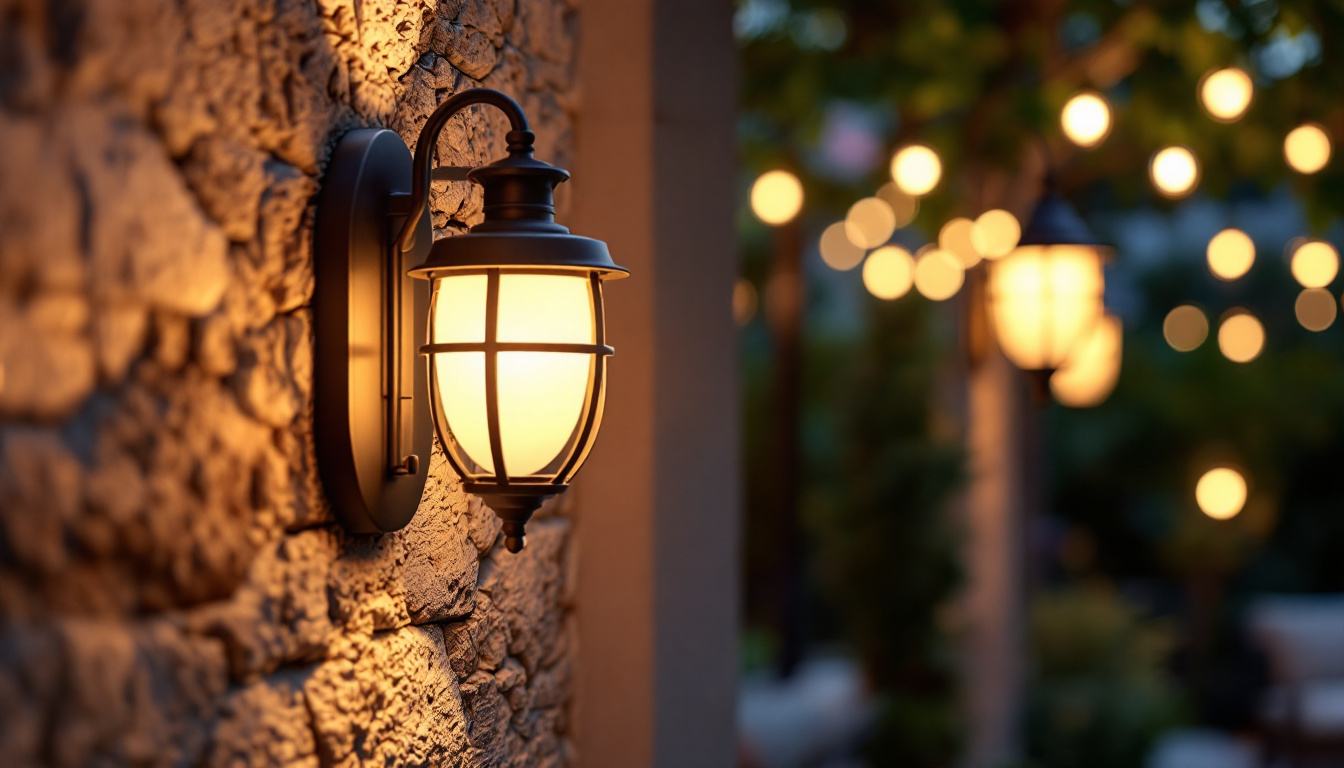 A photograph of capture a photograph of a stylish exterior wall-mounted light fixture illuminating a charming outdoor setting