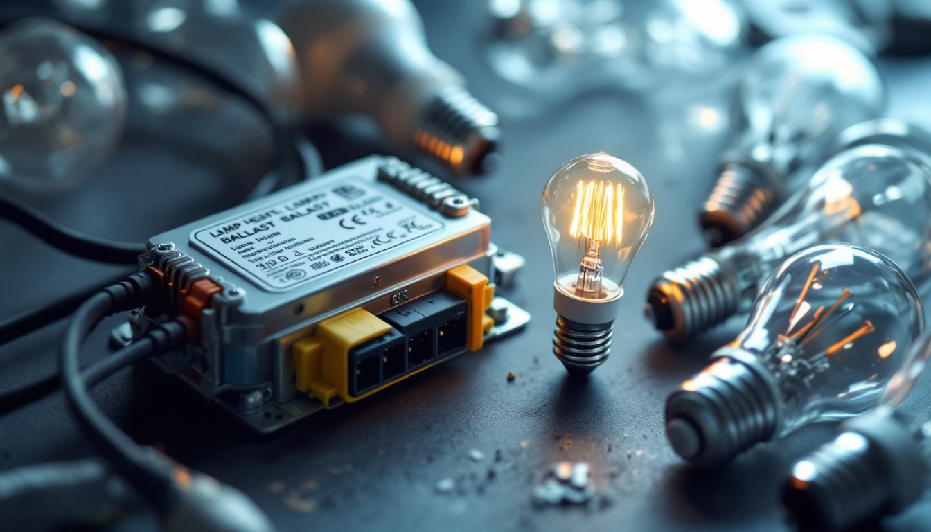 A photograph of a close-up shot of a lamp ballast alongside various types of light bulbs