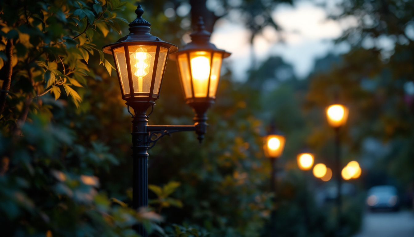 A photograph of a beautifully illuminated outdoor lamp post in a serene evening setting